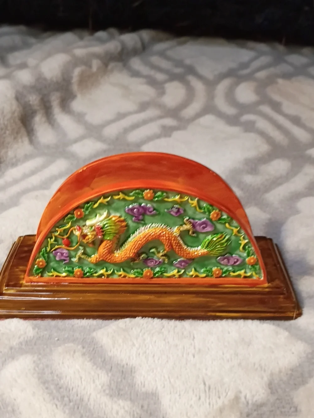 Vintage Chinoiserie Dragon Motif Napkin Holder - Vibrant Orange & Green